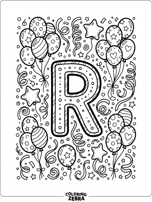 A simple uppercase R with balloons and ribbon curls