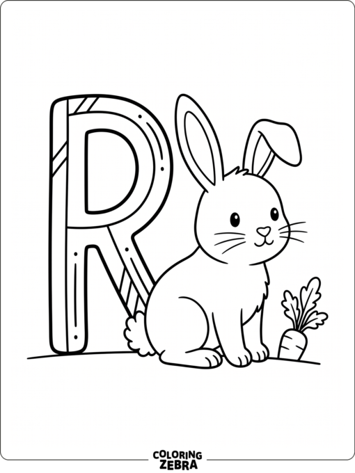 An uppercase R beside a rabbit and carrot