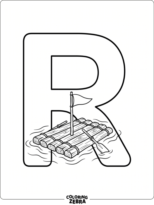 A large letter R with a small raft on gentle water
