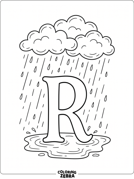 An uppercase R with clouds, rain, and a puddle
