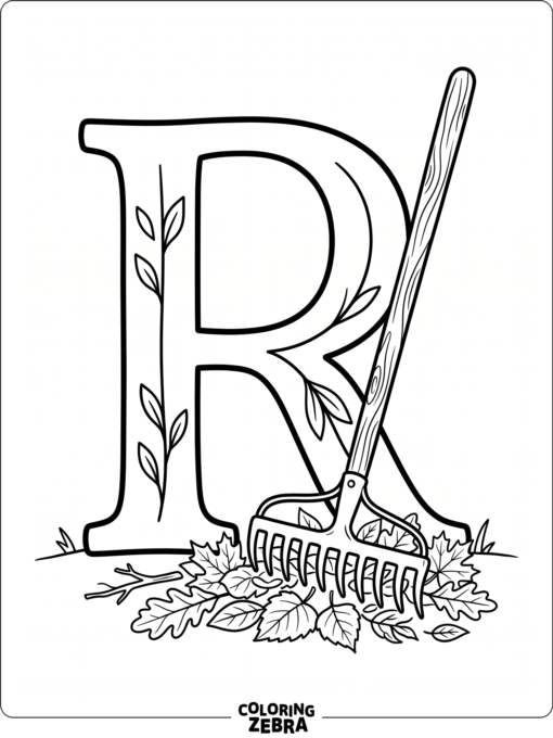 A large letter R with a rake and a few scattered leaves