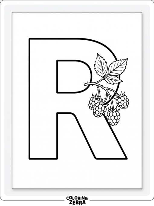 A large letter R beside a raspberry cluster and leaves