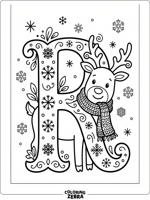 An uppercase R with a reindeer and snowflakes