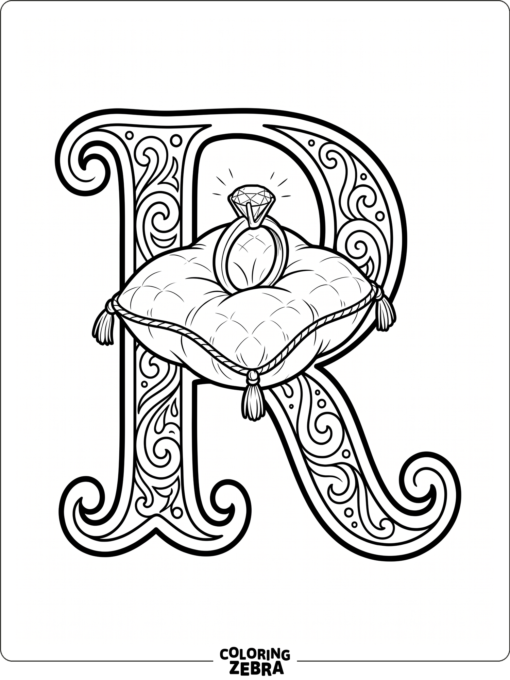 A large letter R with a ring resting on a cushion