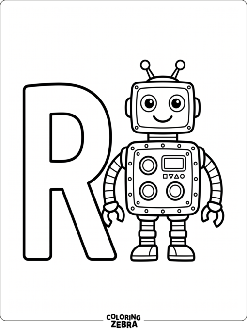 An uppercase R beside a friendly robot
