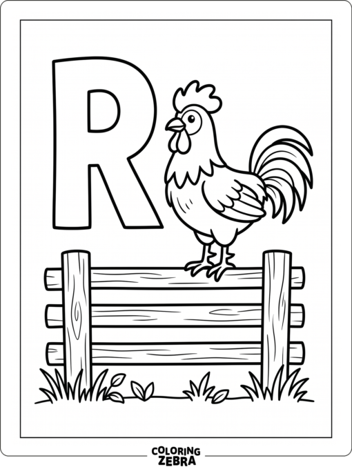 An uppercase R beside a rooster on a fence