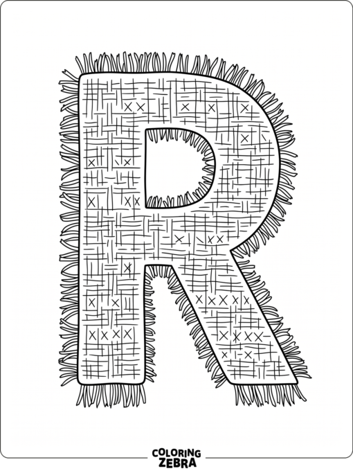 A large letter R beside a patterned rug with fringe