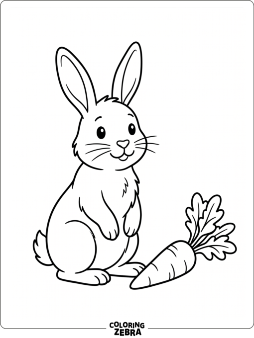 A rabbit sitting upright near a carrot