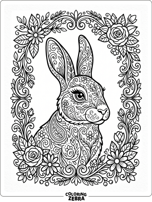 An ornate rabbit portrait with a floral border
