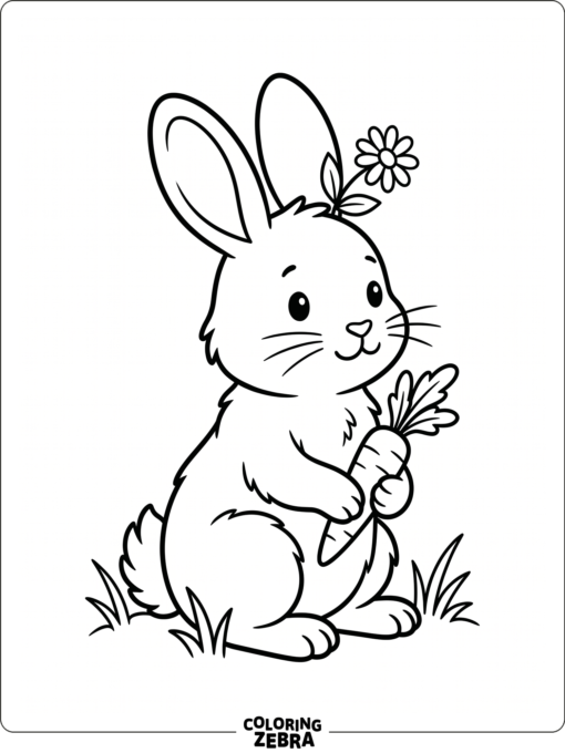 A rabbit sitting upright beside a carrot