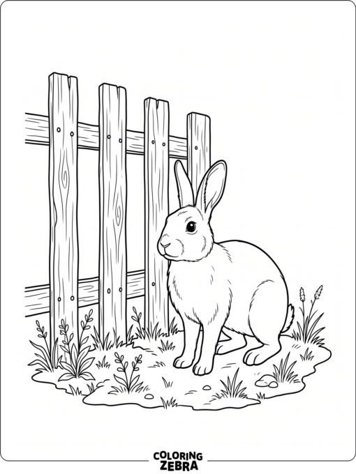 A realistic rabbit by a wooden fence