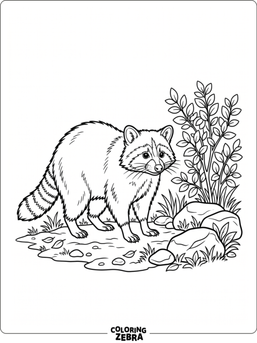 A raccoon standing near a bush and rocks