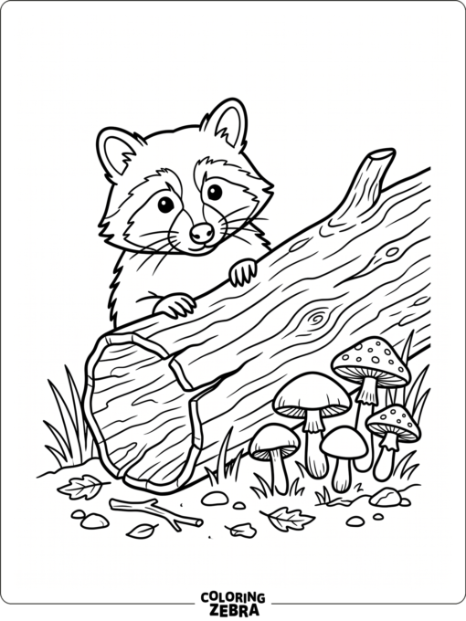 A raccoon peeking from behind a log