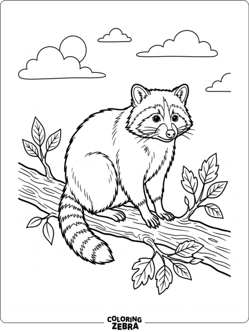 A raccoon on a branch with a few leaves