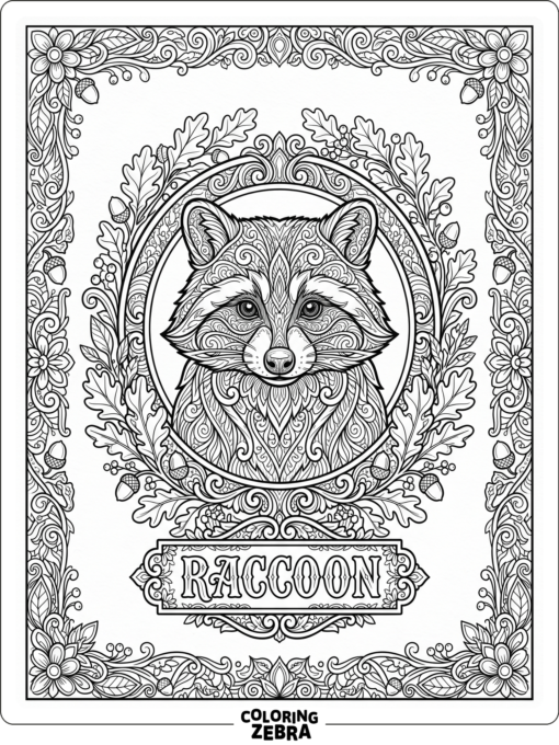 An ornate raccoon portrait with leaves and acorns