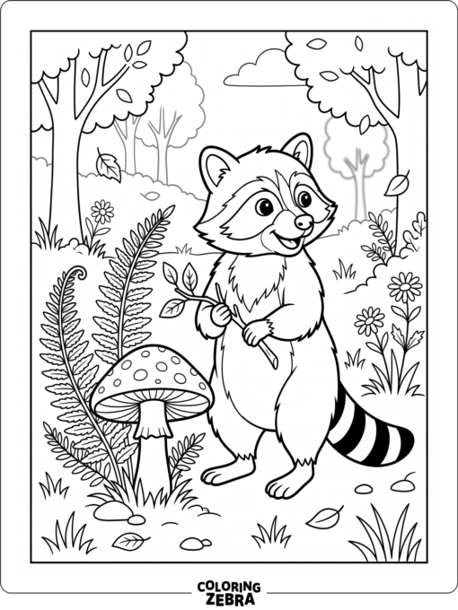 A raccoon standing by a mushroom and fern