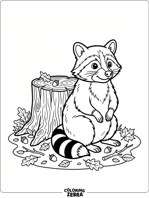 A raccoon sitting by a stump with leaves