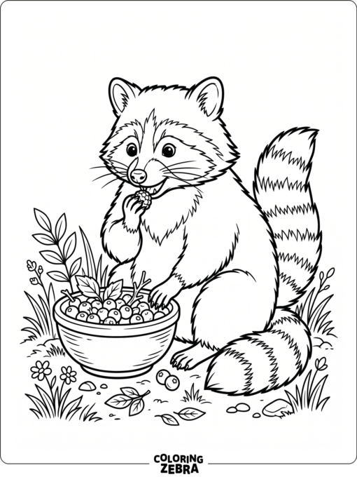 A raccoon eating berries from a bowl