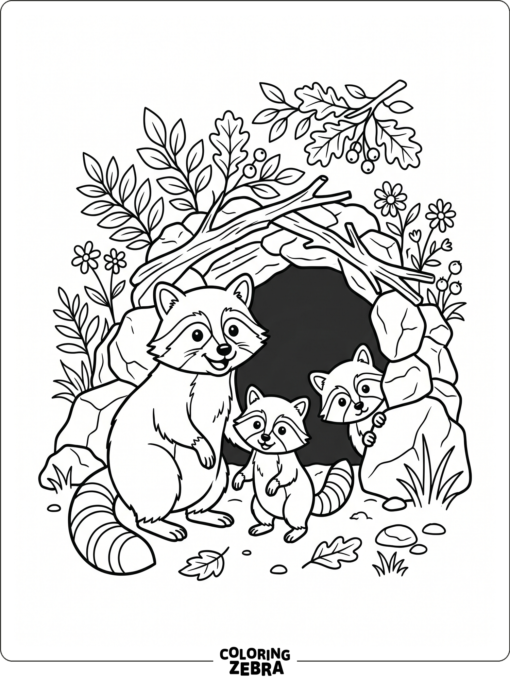 A raccoon family near a den entrance