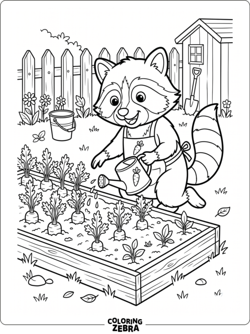 A raccoon gardening with carrots and a watering can