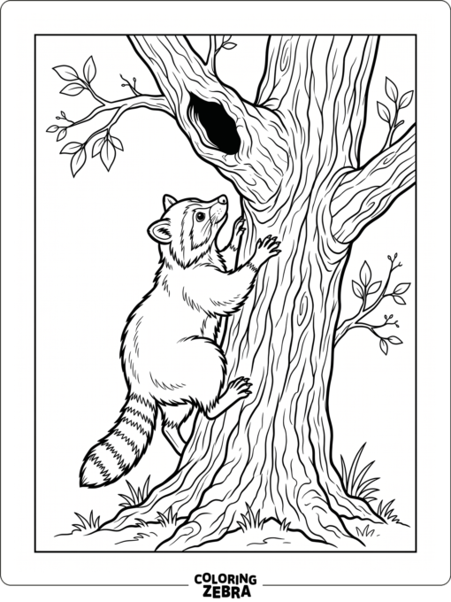 A raccoon climbing a tree trunk