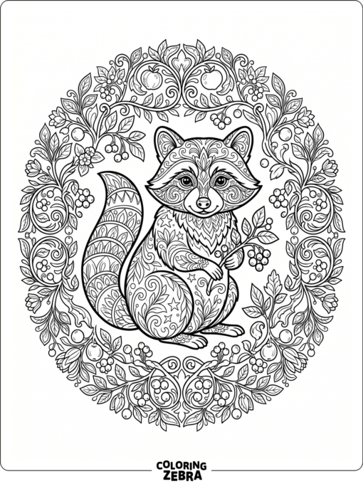 A raccoon surrounded by circular leaf patterns