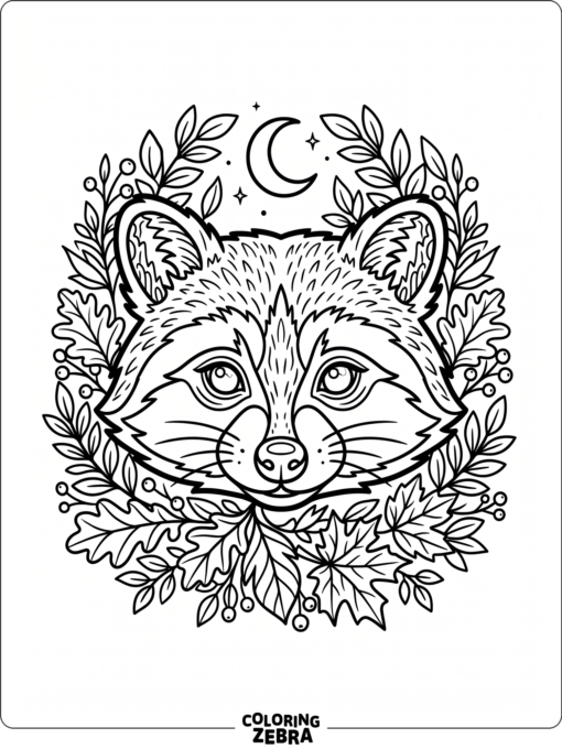 A raccoon mask with leaves and a moon