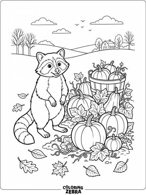 A raccoon beside a pumpkin and fallen leaves