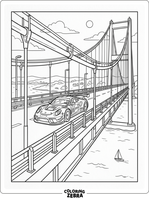 A car driving across a bridge above water