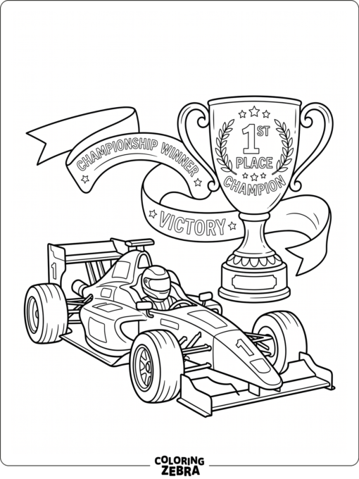 A race car beside a championship cup