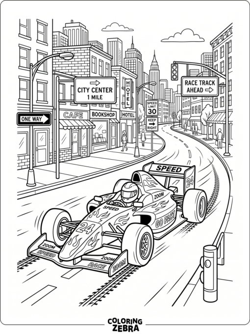 A race car speeding through a city street
