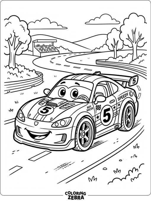 A friendly race car with big eyes and number decals