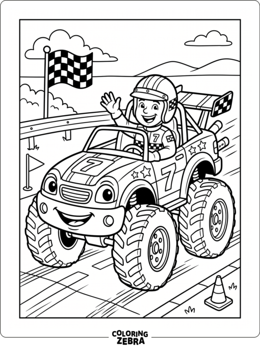 A smiling race car with oversized wheels and a driver