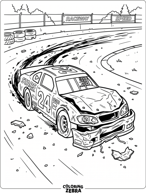 A race car after a crash with a bent bumper