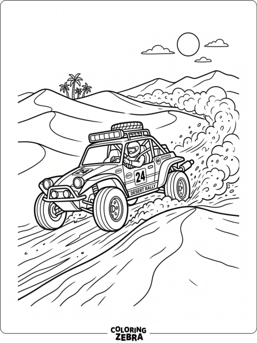 A race car driving over desert dunes
