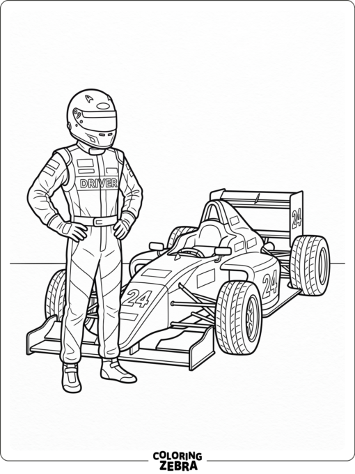 A race car driver standing next to a parked car