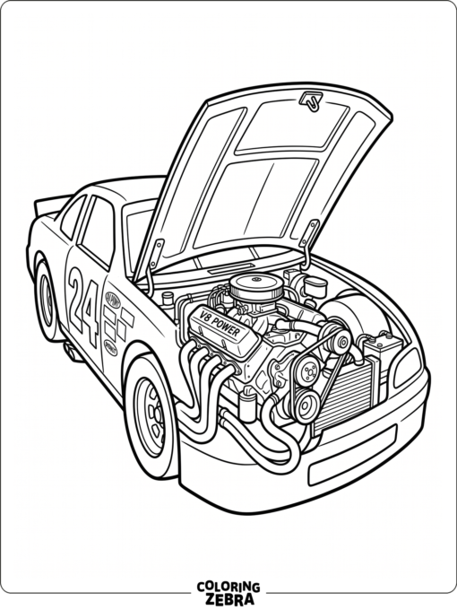 An open race car engine with hoses and belts