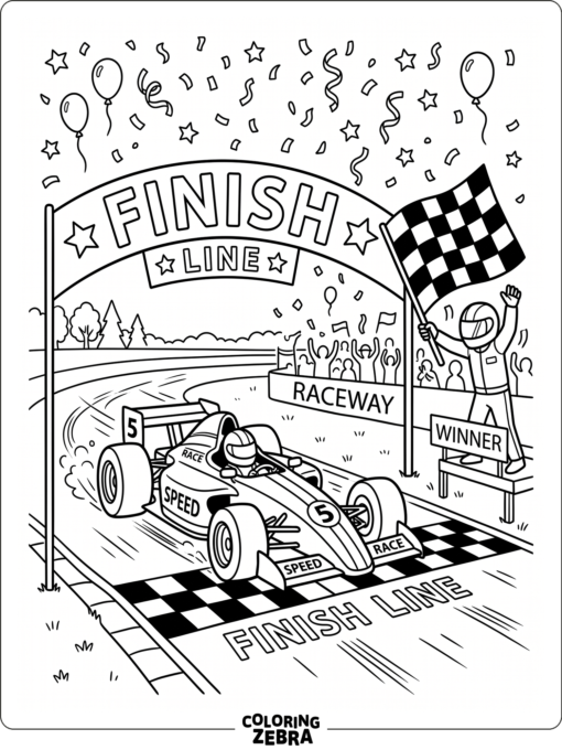 A race car crossing the finish line with a checkered flag