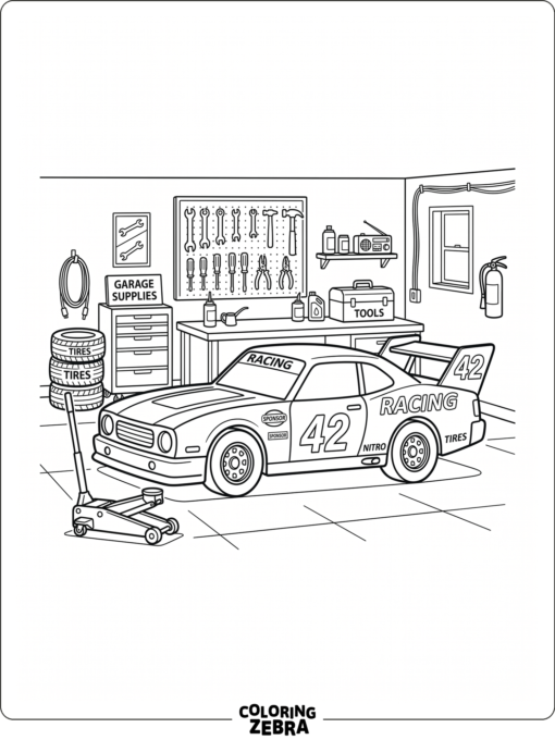 A race car in a garage with tools nearby