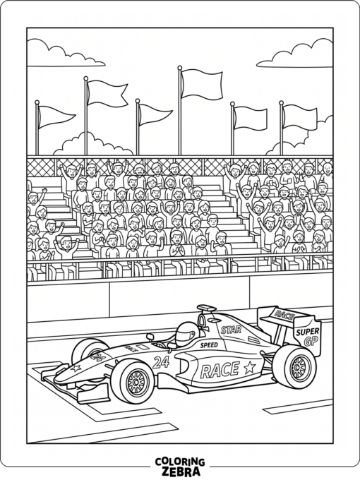 A race car parked near grandstands and flags