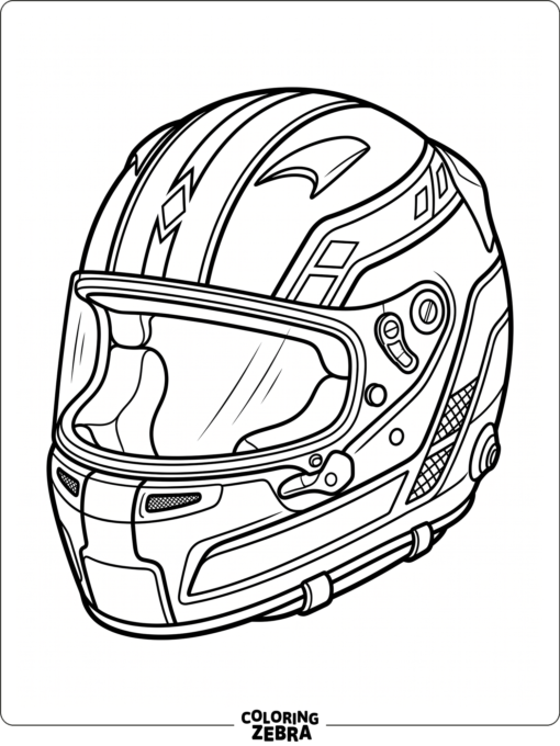 A race car helmet with a visor and racing stripes