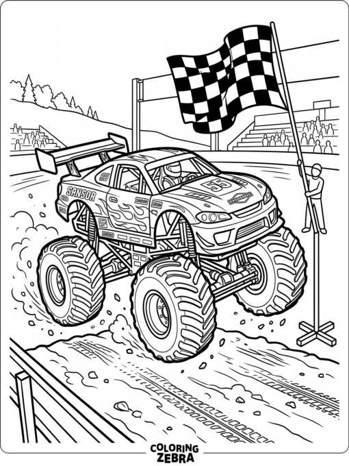 Race car style monster truck near a checkered flag