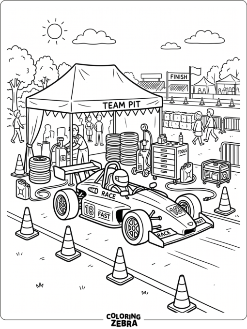 A race car in a paddock with cones and tents