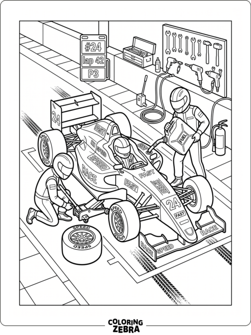 A race car in a pit stop with tools and a jack