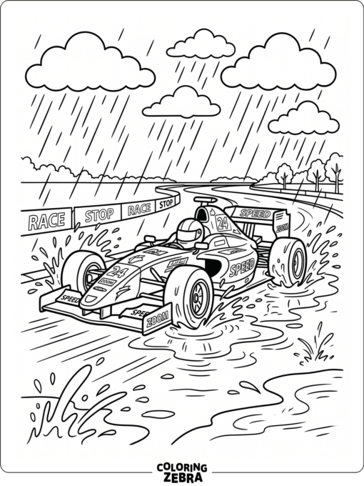 A race car racing through rain and puddles