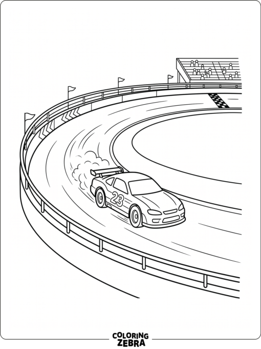 A race car racing around a speedway track