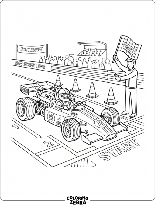 A race car lined up at the starting line with cones