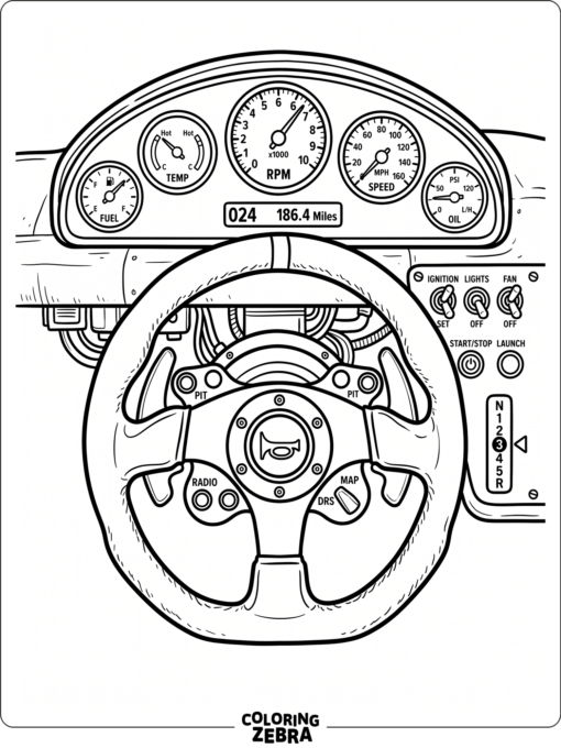 A race car steering wheel with dashboard gauges