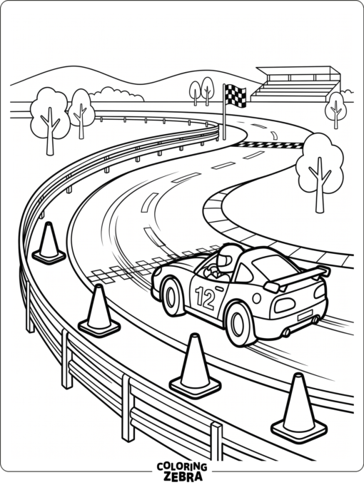 A race car on a winding track with cones