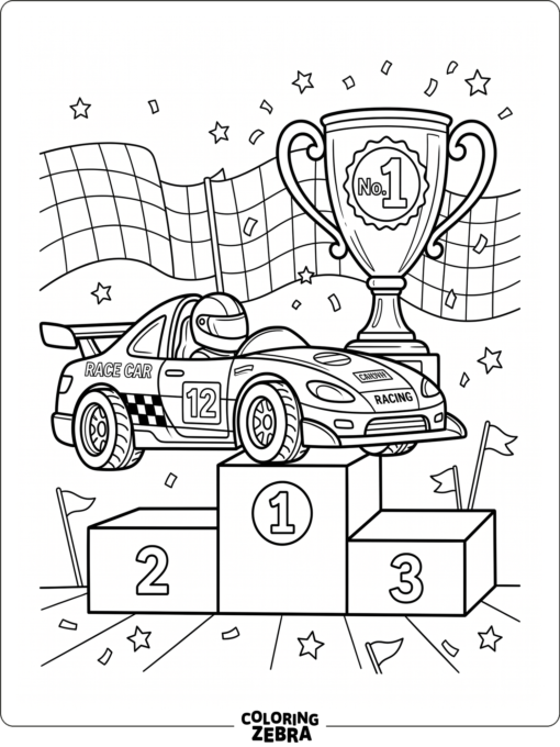 A race car parked next to a trophy